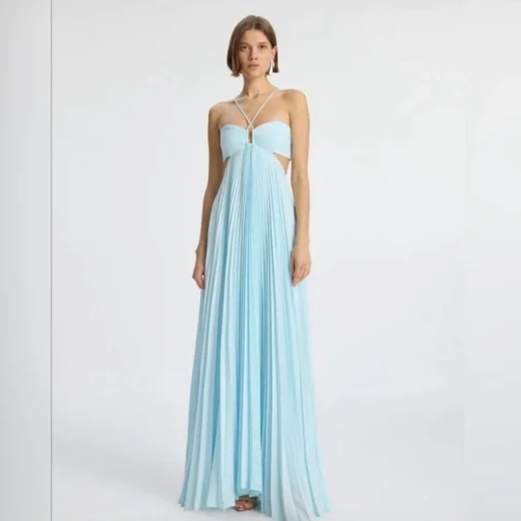 Light Blue Pleated Evening Gown With Shimmering Accents